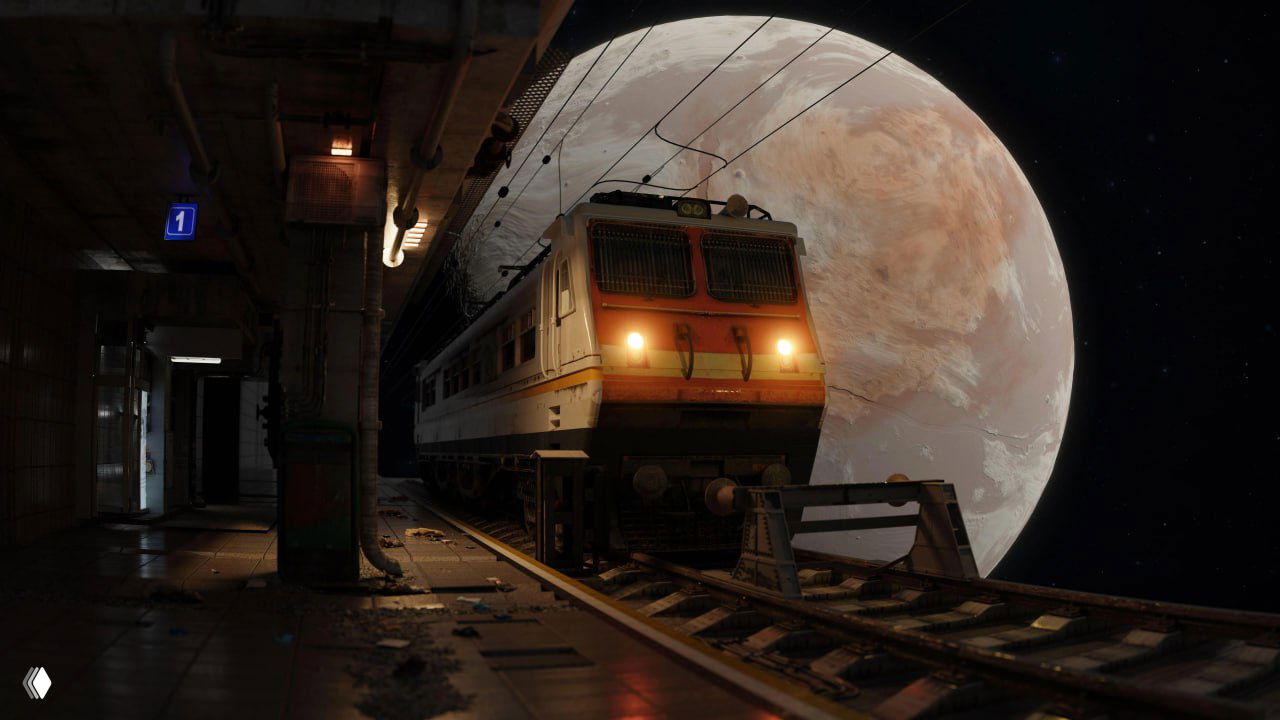 Поезд на платформе в тёмном тоннеле; на заднем плане — огромная планета и звёздное небо, художественная фантастическая сцена.
