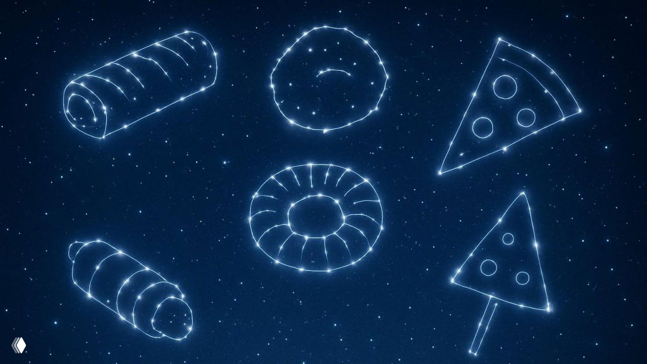 Стилизованное небо с созвездиями в форме закусок: куриный наггетс, кольцо из креветок, мини‑пицца, свинья в одеяле, сосиска и сыр.