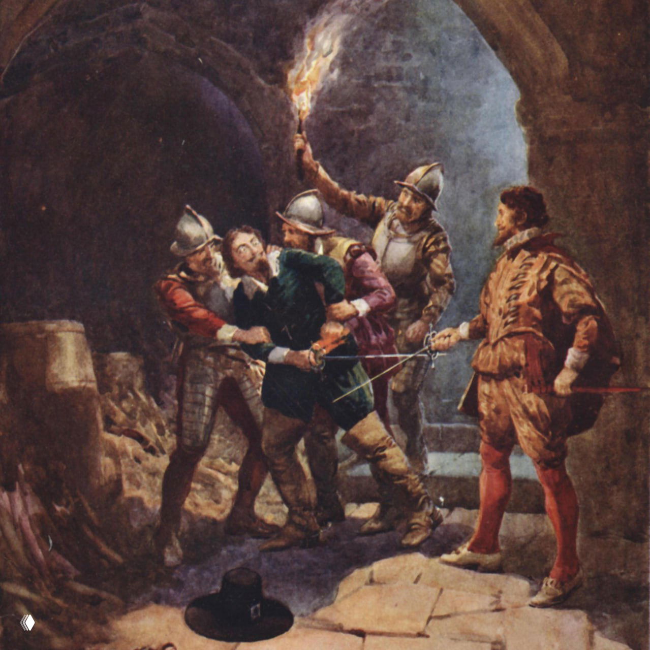 Живописное изображение ареста Гая Фокса в подземелье: стражники с факелом удерживают заговорщика в момент провала Порохового заговора 1605 года.