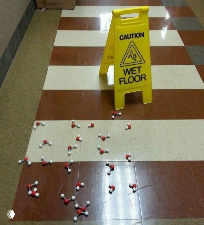 Жёлтый знак «Caution: Wet Floor» на коридорном полу; вокруг разбросаны пластиковые модели молекул — шутливая сцена на научную тему.