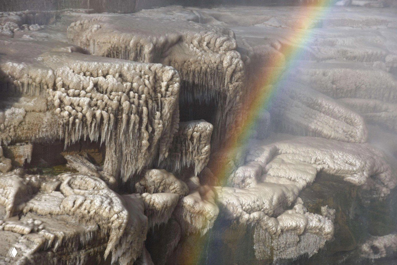 Крупный план ледяных образований у края водопада Хукоу рядом с дугой радуги: сосульки, наледь на скалах и пар воды.