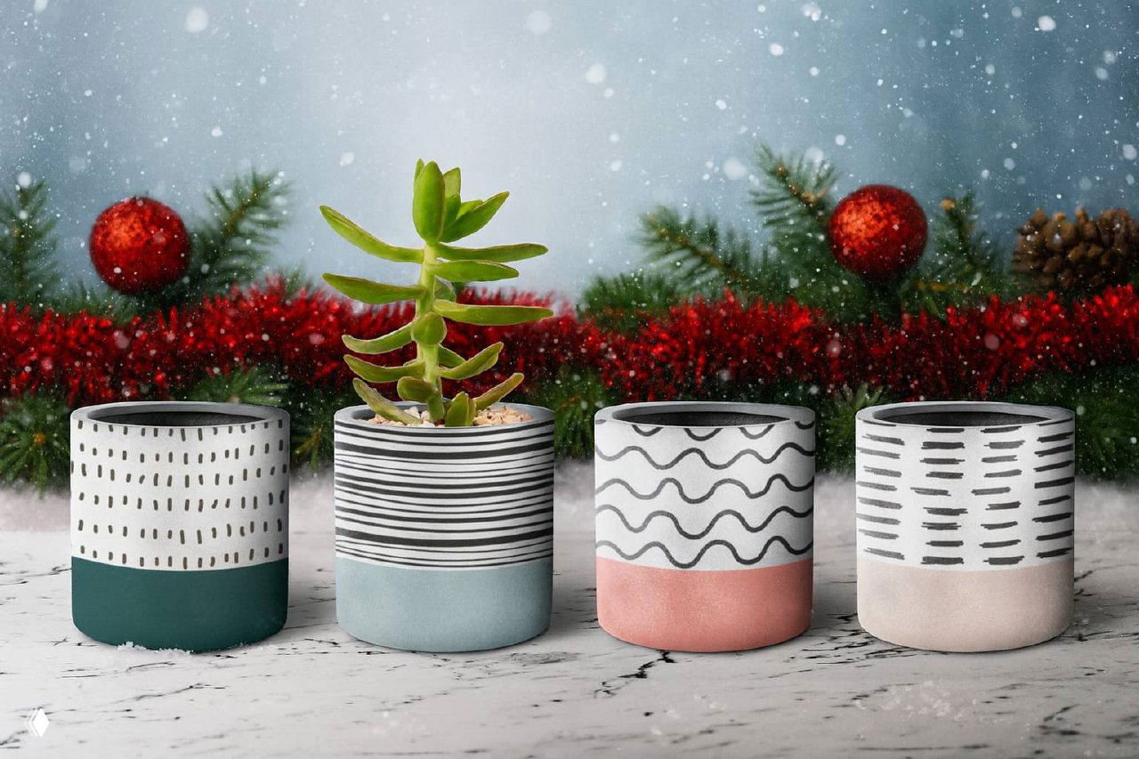 Четыре декорированных гипсовых кашпо разного дизайна на фоне праздничной ёлочной гирлянды и падающего снега — идея для мастер-класса по декору.