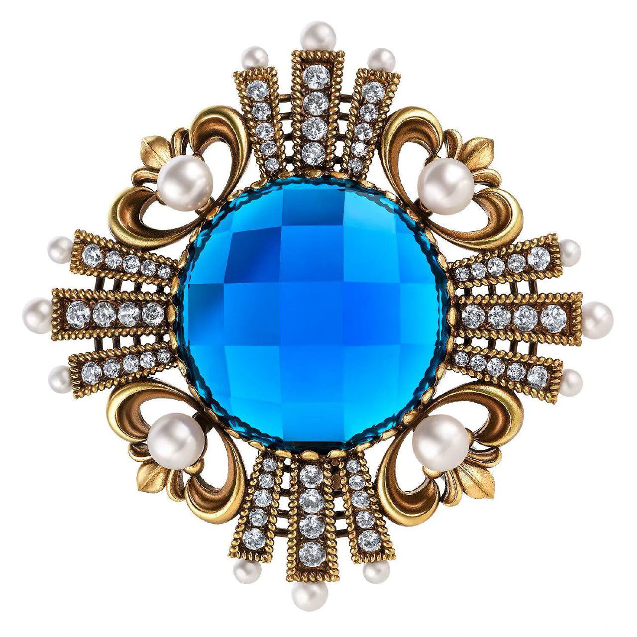 Крупная декоративная брошь с крупным синим фасетированным центром, окружённая золотыми узорами, жемчужными и кристальными вставками.