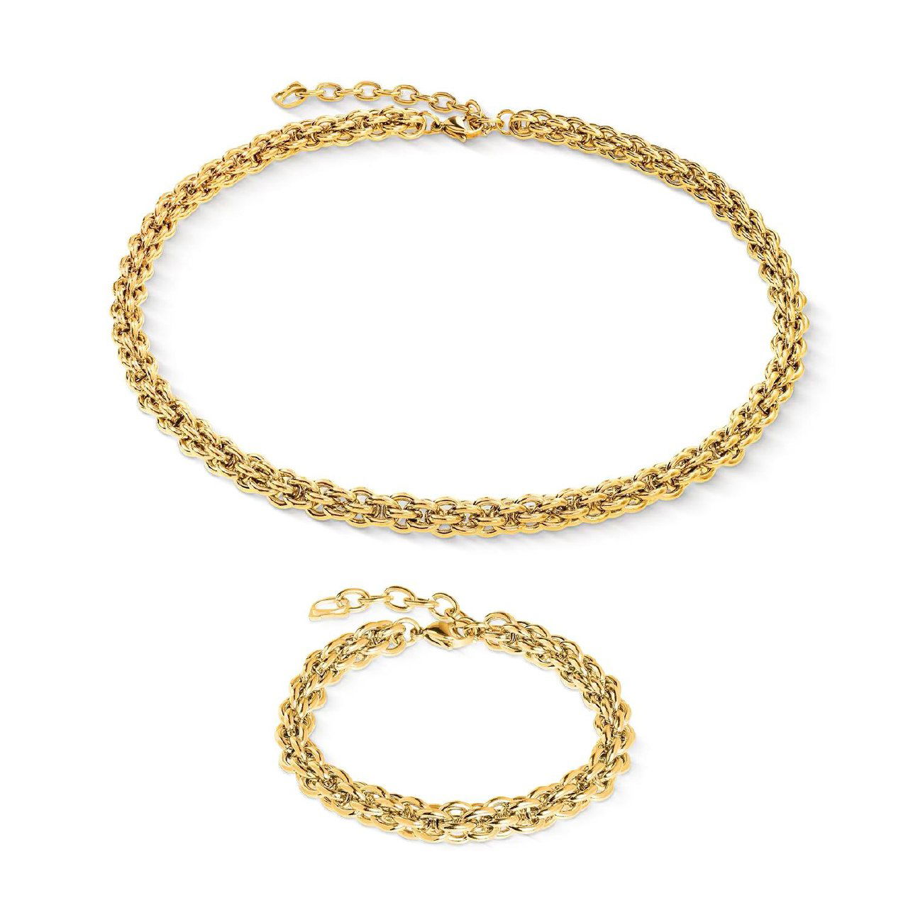 Золотая цепочка и браслет Coeur de Lion в развороте: плетеная золотистая цепь и удлинитель, демонстрация фурнитуры и застежки на белом фоне.