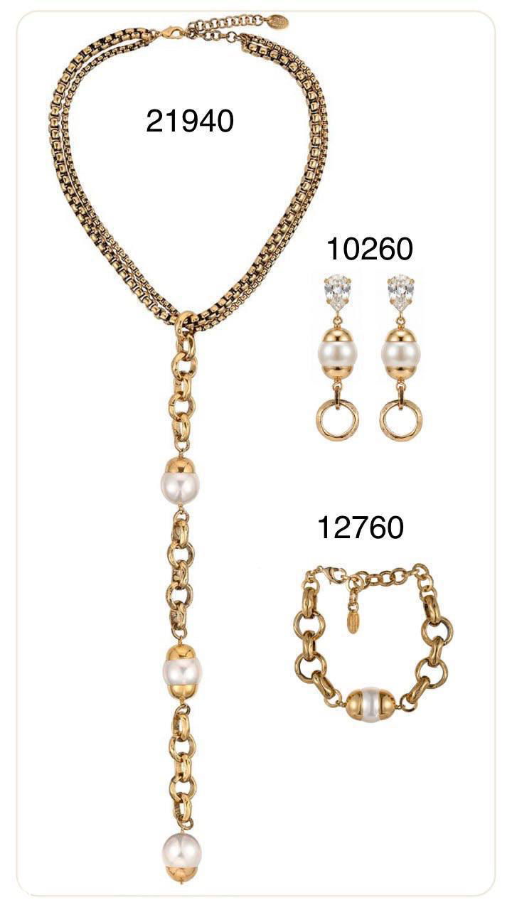 Длинное колье с жемчужными подвесками и серьги с подвесными элементами Claudio Canzian, представление аксессуаров с номерами артикула.