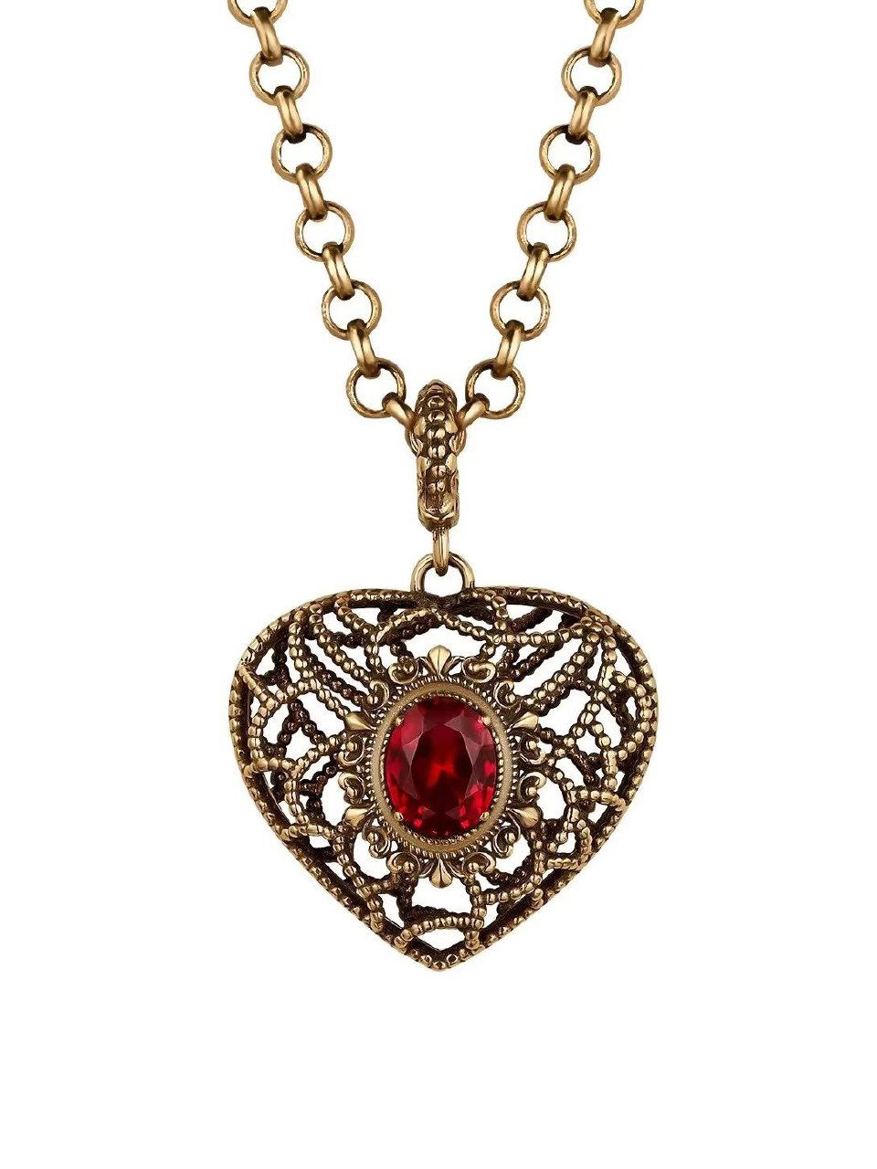 Фотография ожерелья и подвески в форме сердца на белом фоне с выраженной детализацией цепочки и центрального красного камня, витая филигрань.
