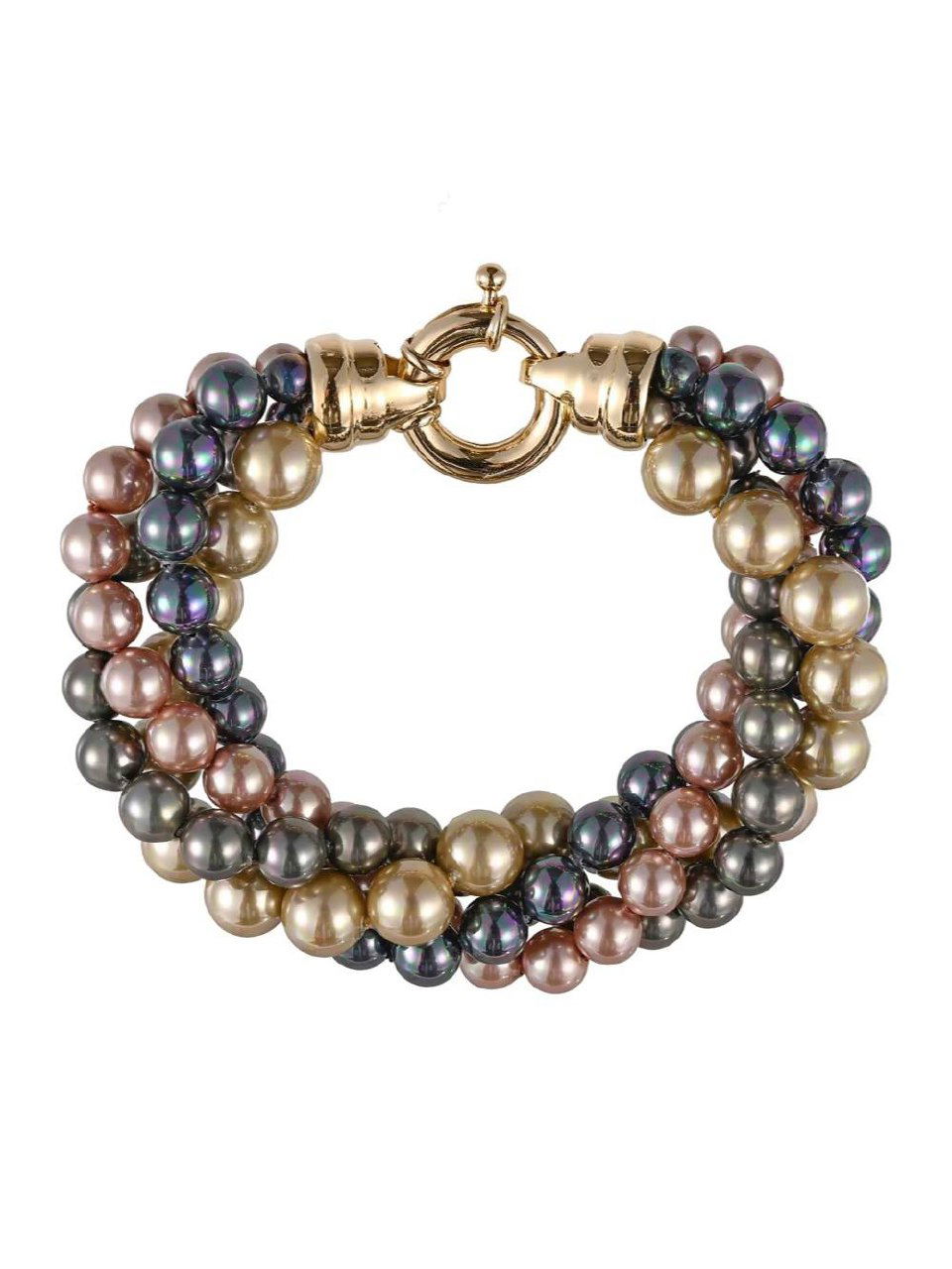 Фрагмент многорядного ожерелья с радужным жемчугом и металлическим замком на белом фоне, подчёркивающий структуру бус.
