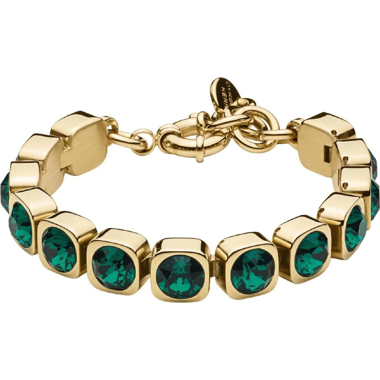 Фотография золотистого варианта браслета CONIAN с зелёными кристаллами на белом фоне — подчёркнута форма вставок и насыщенный цвет камней.