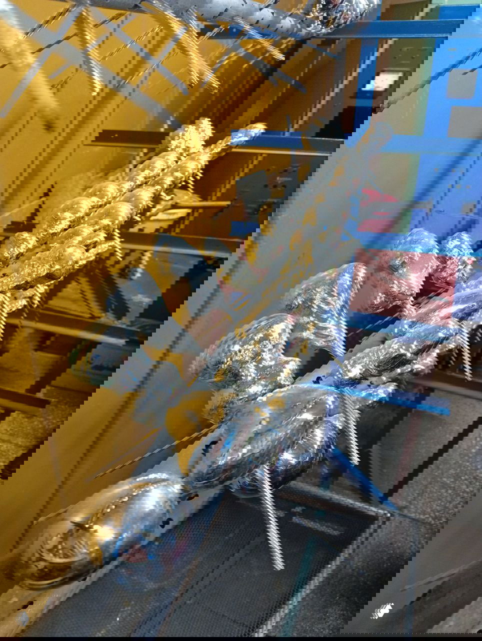 Производственные металлические заготовки и блестящие хромированные ёлочные игрушки на держателях в цеху во время процесса нанесения покрытия.