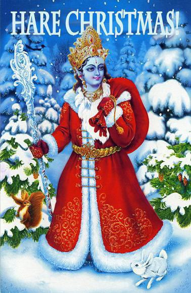 Иллюстрация: синий божественный персонаж в пышном красном меховом одеянии и короне на заснеженном лесном фоне; рядом белые зайцы и белка.