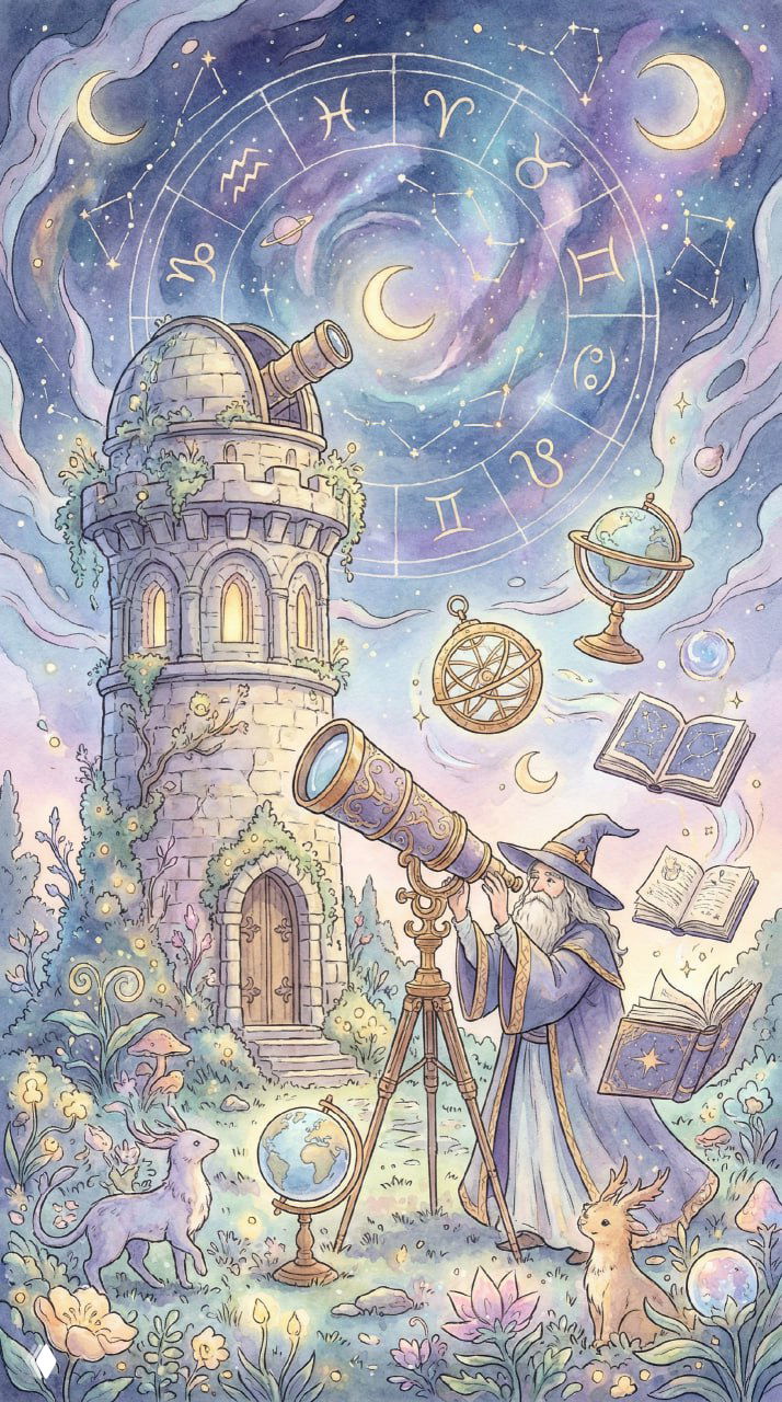 Акварельная иллюстрация астролога с телескопом у каменной башни на фоне круга зодиакальных символов, луны и мечтательной космической сцены