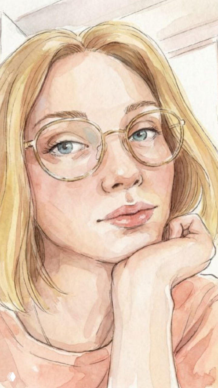 Портрет в акварельной технике: молодая женщина в круглых очках, опирающаяся на руку, мягкое освещение, пастельная палитра и тщательная штриховка