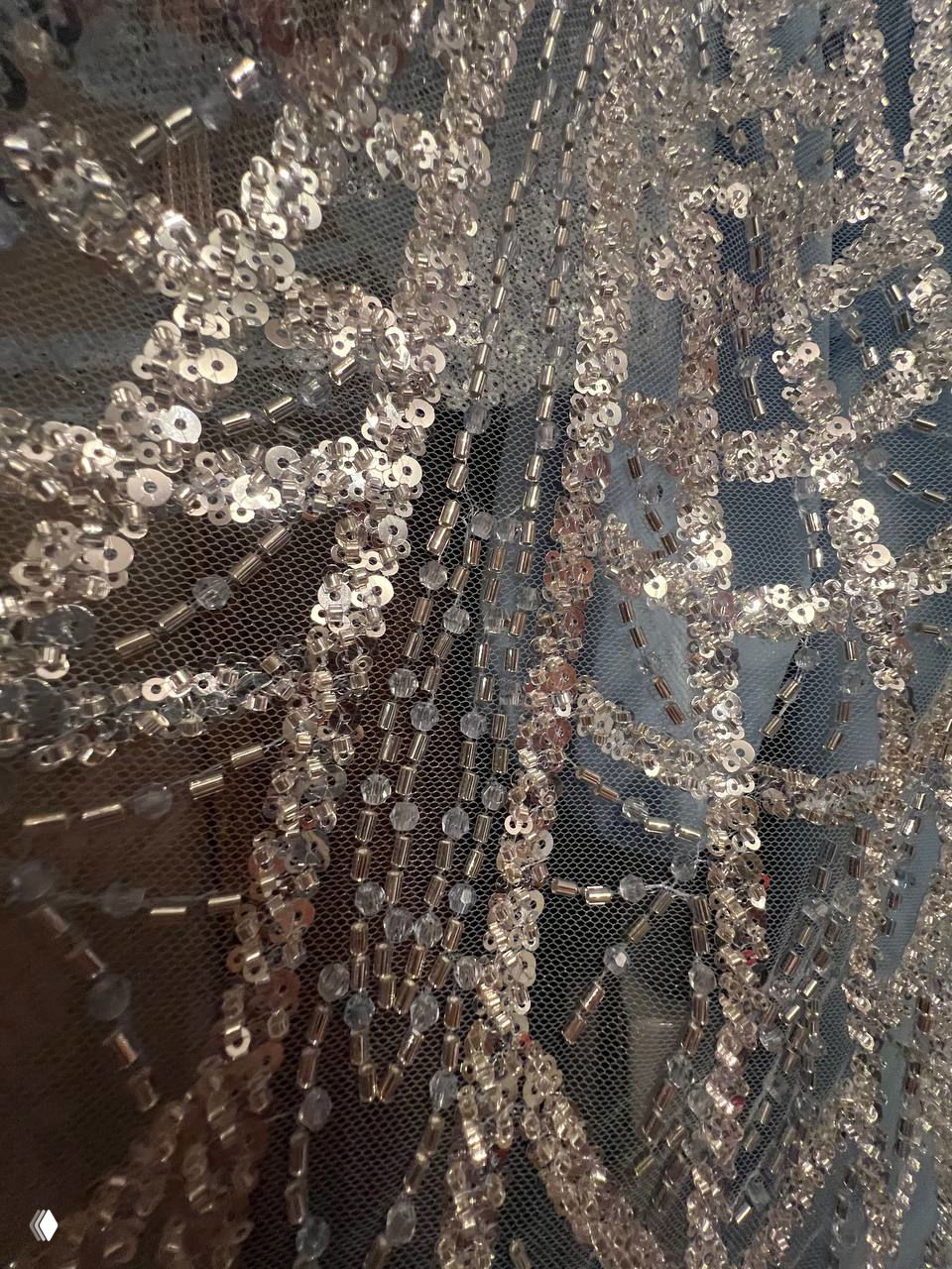 Детальный кадр мелких пайеток и бусин на сетке: текстура украшения, создающая эффект мерцающего узора на платье.