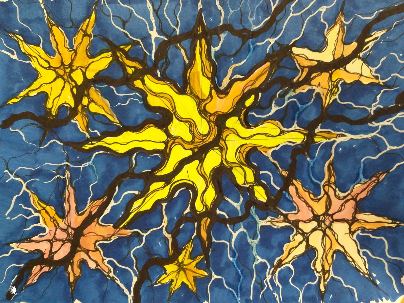 Яркий рисунок-звёзды в стиле нейрографики: жёлтые и оранжевые звёзды на синем фоне, энергичные маркерные контуры и белые световые линии.