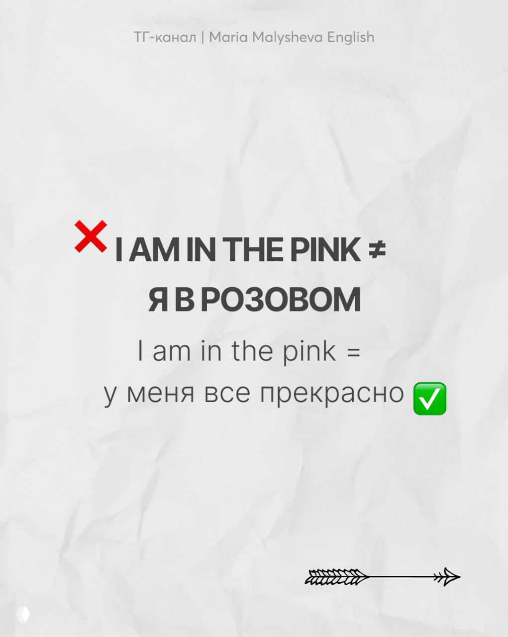 Слайд с текстом «I AM IN THE PINK ≠ Я В РОЗОВОМ» и пояснением «I am in the pink = у меня всё прекрасно»; белый фон и декоративная стрелка.