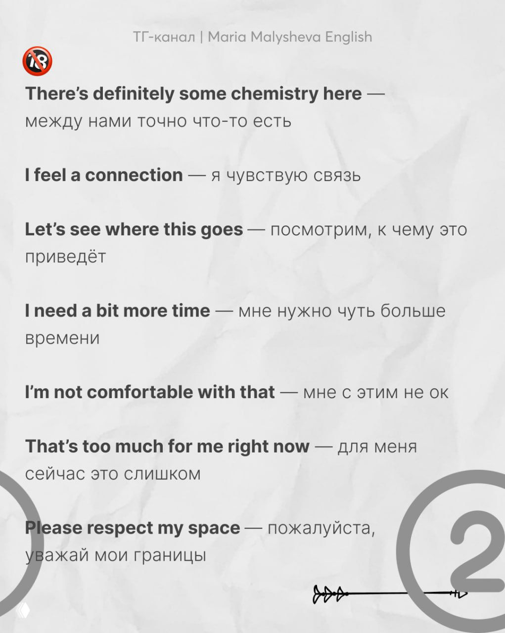 Слайд с подборкой фраз на английском и переводами для взрослого общения: «Let’s slow things down», «I don’t have the bandwidth for this» и другие, в двухколоночном оформлении.