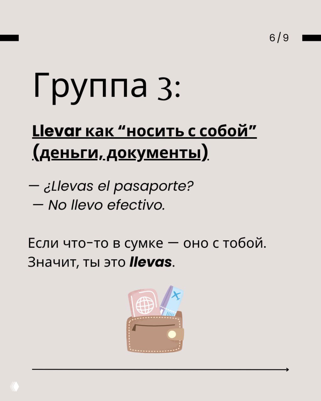 Слайд 6: группа 3 — llevar как 'носить с собой' (деньги, документы), примеры вопросов и ответов: ¿Llevas el pasaporte? — No llevo efectivo.