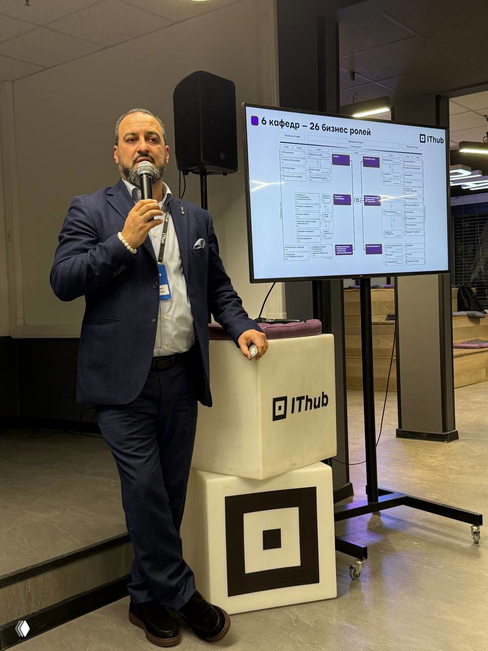 Спикер Михаил Сумбатян во время выступления в IThub держит микрофон, рядом экран со структурой образовательных ролей и кубы с логотипом.