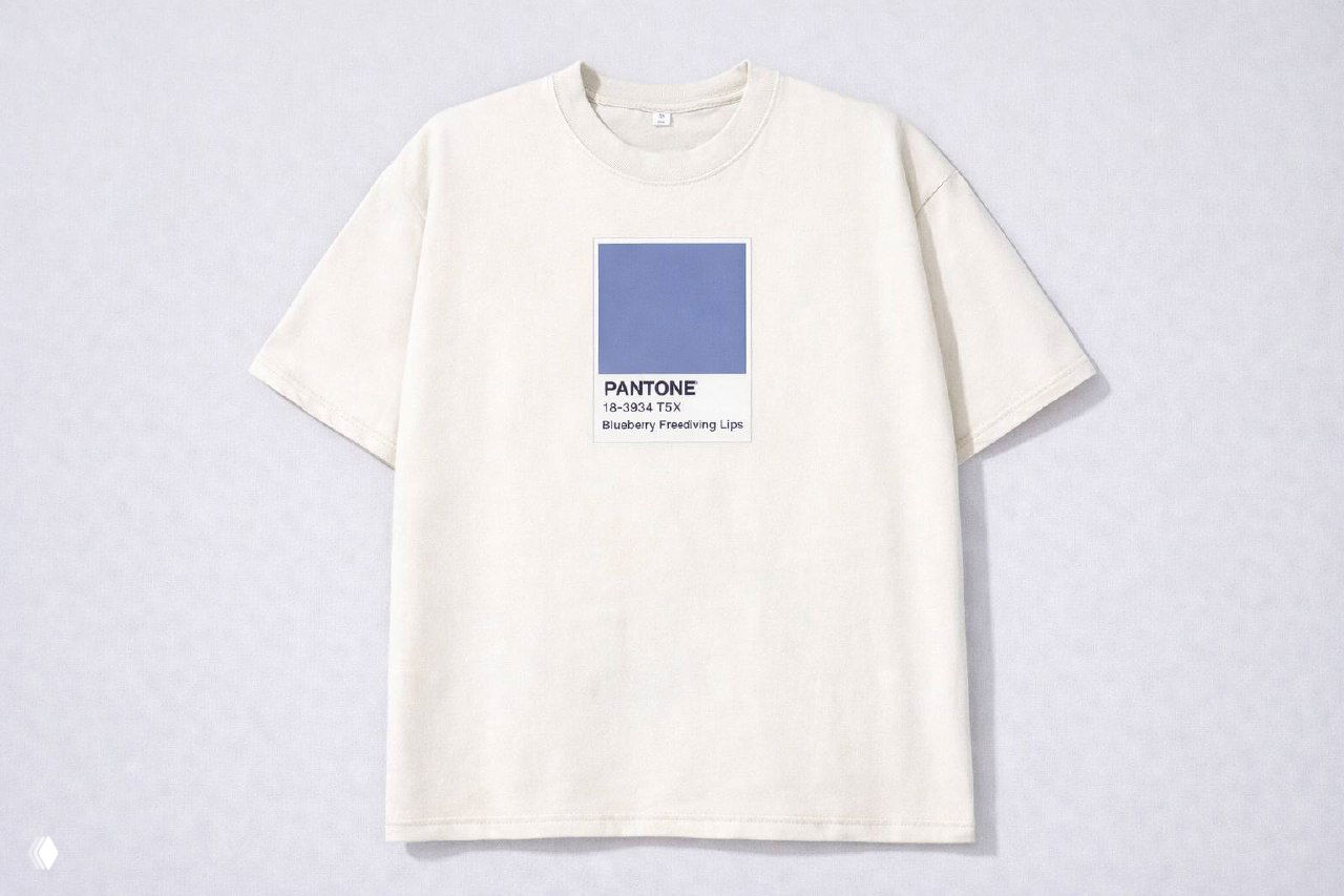 Белая футболка с крупным образцом Pantone в центре: квадратик синеватого оттенка и подпись «PANTONE 18-3934 T5X Blueberry Freediving Lips» в оформлении образца.