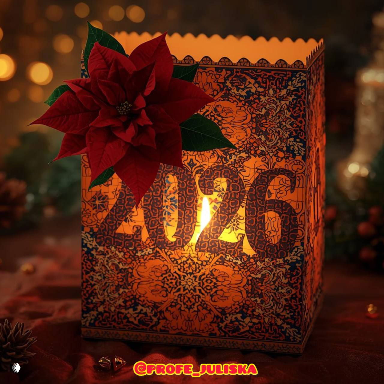 Декоративный бумажный фонарь-коробка адвент-календаря с вырезанными цифрами «2026», украшенная пуансеттией и тёплым свечным светом