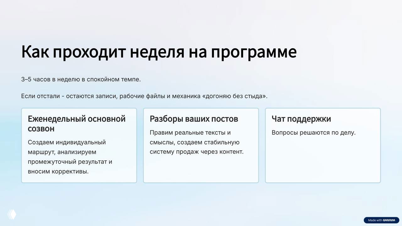 Слайд «Как проходит неделя на программе» — описание нагрузки 3–5 часов в неделю и блоки: созвон, разборы постов, чат поддержки.