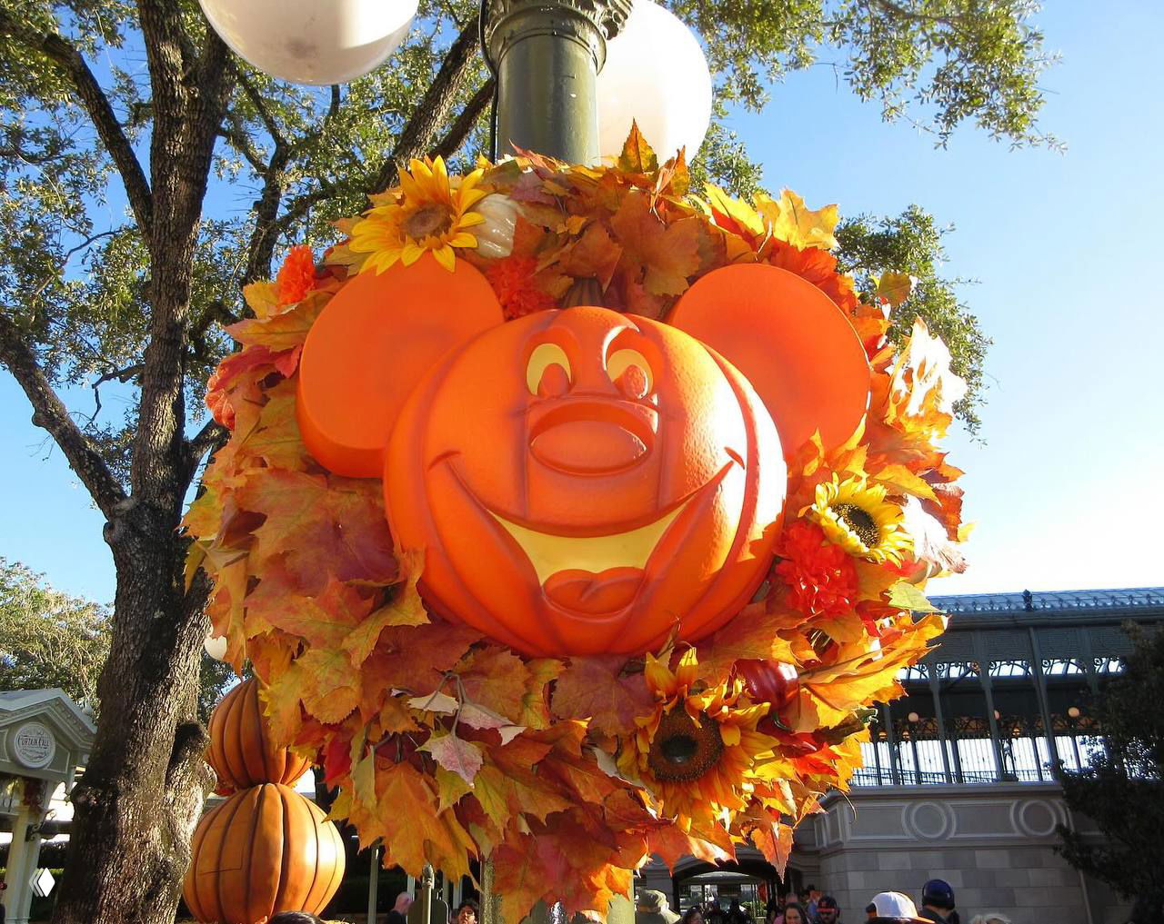 Осенняя декоративная композиция с большой оранжевой резной тыквой в виде лица, венок из осенних листьев и подсолнухов на фоне улицы и голубого неба.