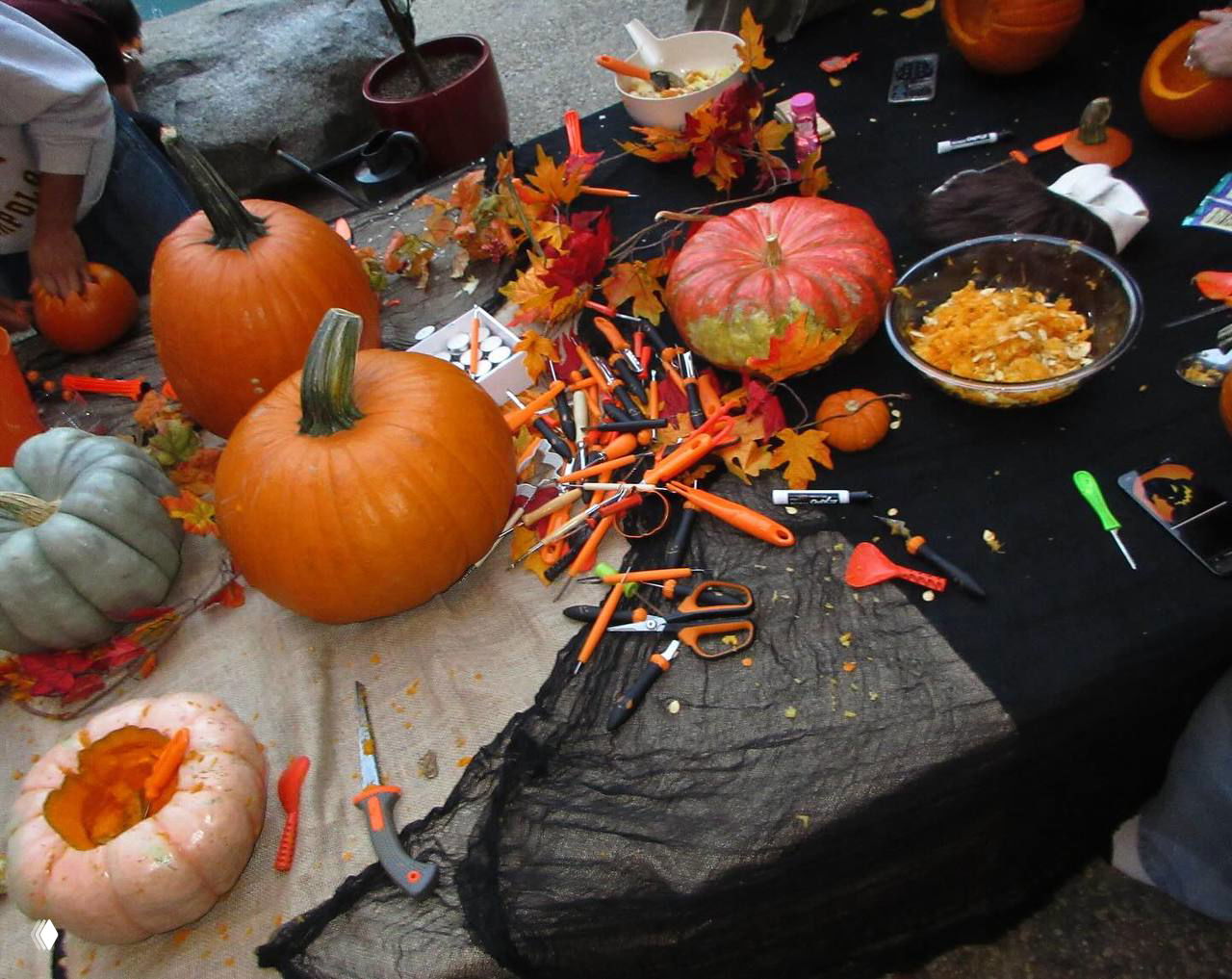 Стол, усыпанный тыквами, инструментами для резки, семечками и осенними декорациями; видна хаотичная и праздничная подготовка к вырезанию фонарей.