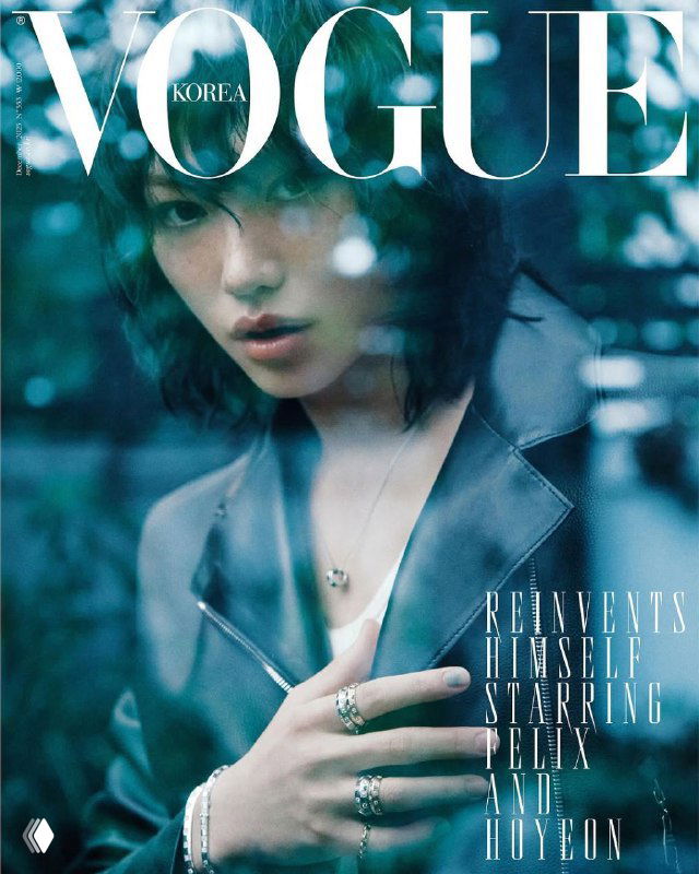 Портретный кадр из модной фотосессии для Vogue Korea: модель в пиджаке, кольца на пальцах и кулон на шее, размытие отражений на стекле.