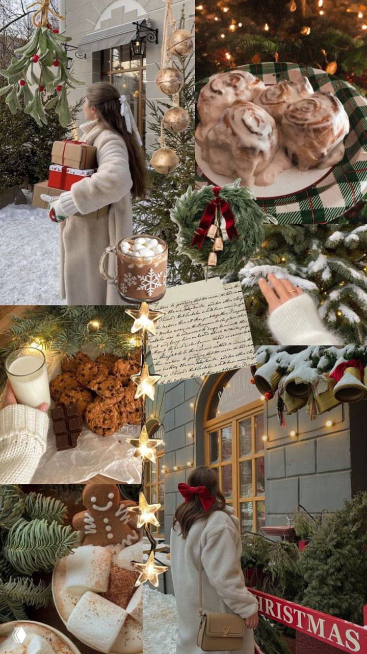 Коллаж с уличными зимними кадрами, гирляндами и выпечкой в бежево-коричневой палитре для эстетичных фоновых изображений.