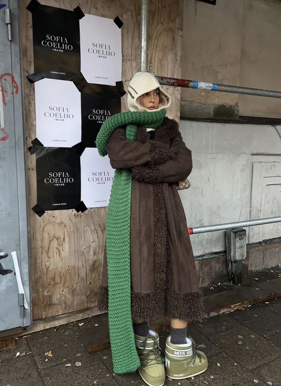 Образ с длинным плотным зелёным шарфом и тёмным объёмным пальто, модель стоит на фоне городского текстурного фона — смелый акцент в луке.