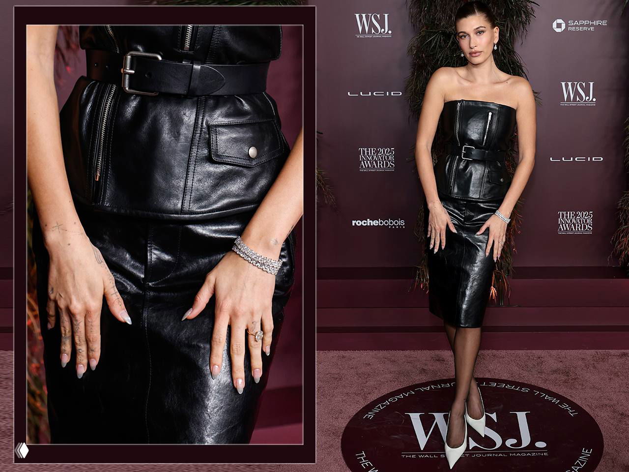 Коллаж: крупный план рук с прозрачным блестящим маникюром и общий кадр женщины в кожаном платье на красной дорожке.