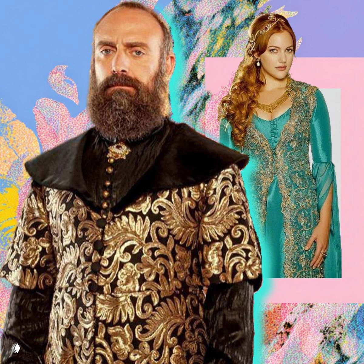 Крупный план персонажей сериала «Великолепный век»: Сулейман I (Халит Эргенч) и Хюррем в исторических костюмах на ярком фоне.