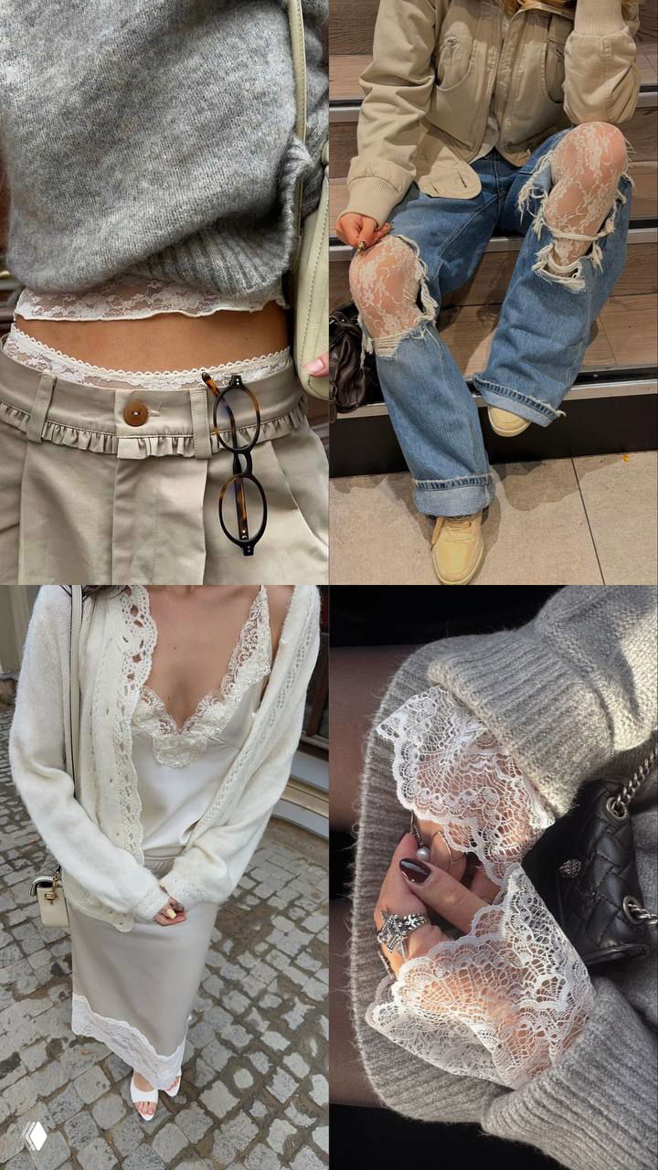 Сборник снимков с кружевными элементами: кружевные вставки, тонкие топы и рукава, сочетание с трикотажем и джинсами в городских луках.