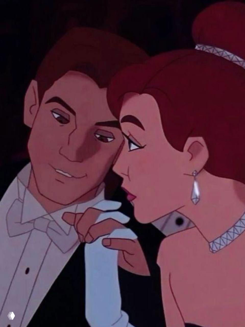 Кадр из анимационного фильма «Анастасия»: героиня и герой в балльных нарядах в момент близкого, романтического диалога под музыку.