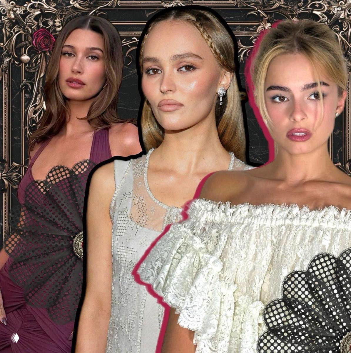 Коллаж из трёх моделей в готически-элегантных бьюти-образах: сияющий макияж, аккуратные прически и декоративная рамка на фоне.