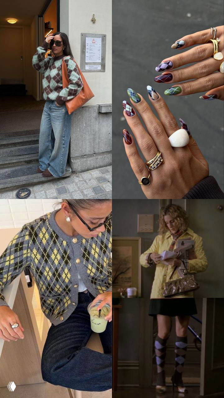 Коллаж с аргайл-принтом и маникюром: ромбы на свитерах, колготках и ногтях, варианты сочетаний с джинсами и аксессуарами.