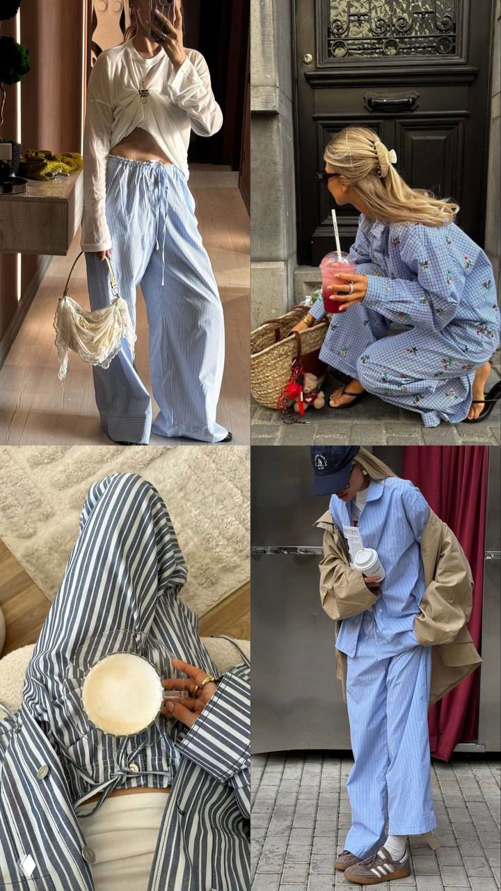Коллаж с пижамными и полосатыми образами: свободные пижамные комплекты, полосатые рубашки и расслабленные городские сочетания для лета 2026.