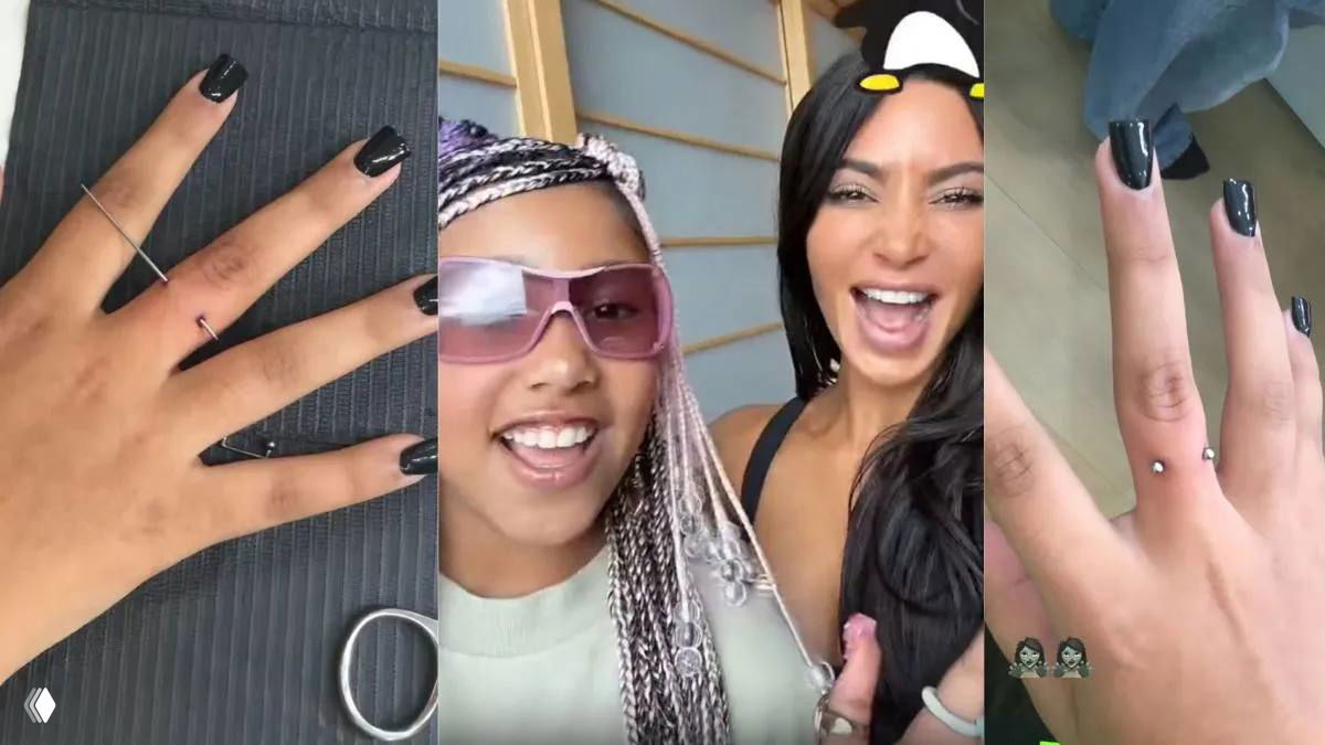 Коллаж: крупный план рук с микропирсингом на пальцах и фрагменты снимков из соцсетей с девочкой и взрослой женщиной в развлекательном контексте