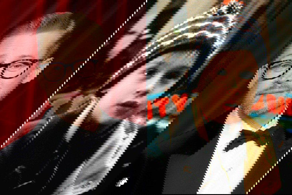 Коллаж: слева — взрослый Маколей Калкин на красной дорожке, справа — кадр из фильма «Один дома» с ребёнком в шапке, контраст поколений.