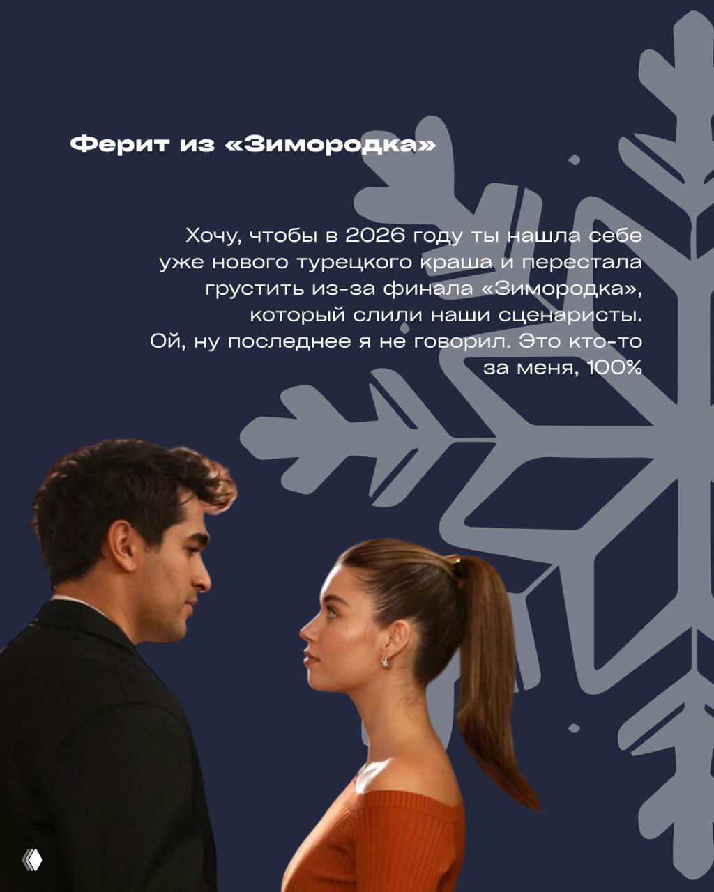 Ферит из «Зимородка» стоит в профиль напротив героини на тёмно-синем фоне со снежинкой и шуточным пожеланием найти нового краша в 2026 году.