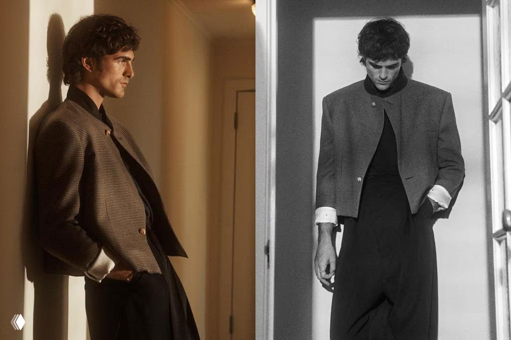 Джейкоб Элорди в двух образах — портреты в тёплом боковом свете; режиссёрская стилизация и модный ретро-стиль.