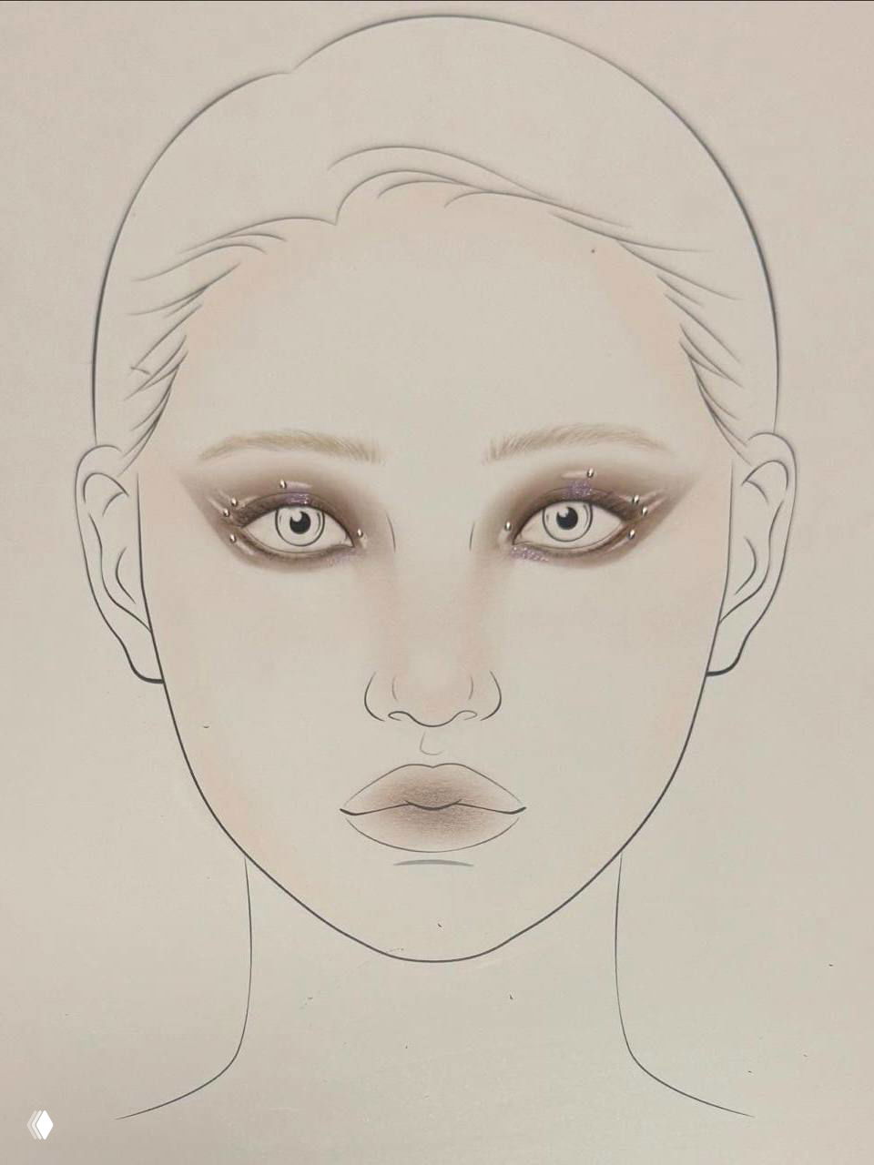 Иллюстрация-скетч с разметкой мейкапа: тонкая работа над формой глаз и светотенью, набросок концепции образа для модели.