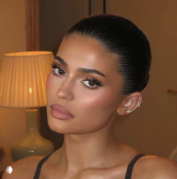 Портрет женщины со строгой гладкой причёской, сатиновый финиш макияжа с акцентом на скулах и нюдовых губах, вечерний мягкий свет