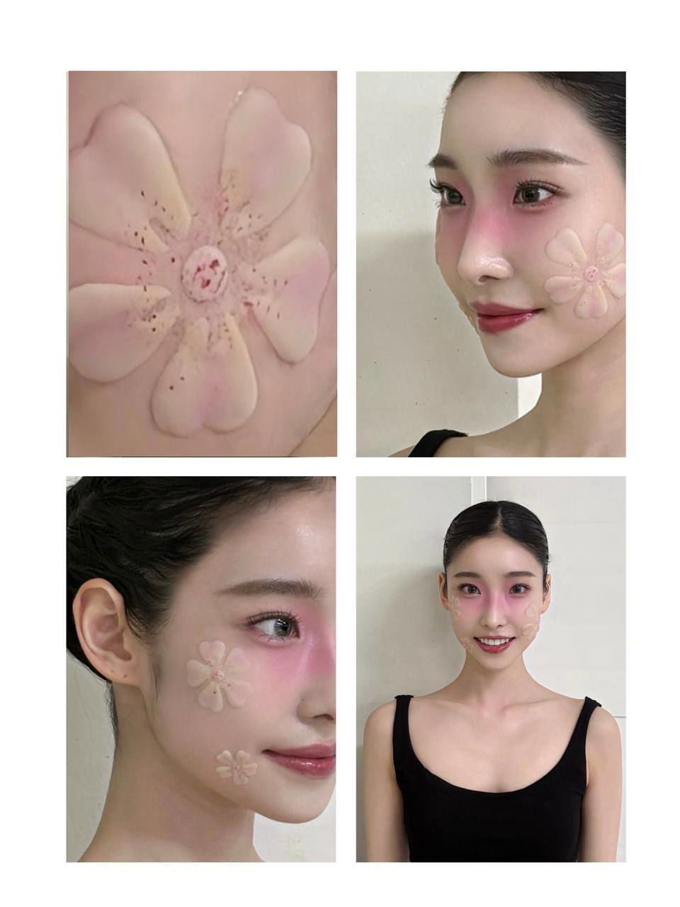 Коллаж из четырех кадров с нежными цветочными аппликациями и розовыми румянами на лице модели — трендовые техники мейкапа.
