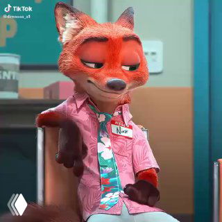 Кадр клипа: Ник Уайлд в розовой рубашке и бейдже с именем, задумчивое выражение лица, сцена из мультфильма.