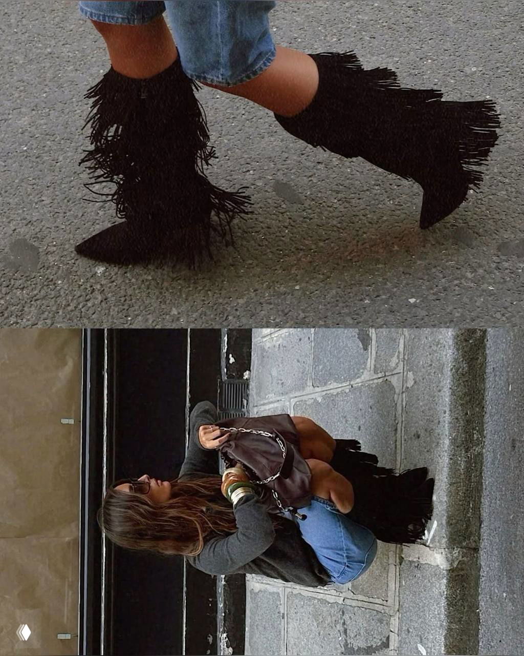 Низкий ракурс шагов в черных сапогах с густой бахромой; динамичный уличный кадр показывает структуру бахромы и форму зауженного носка.