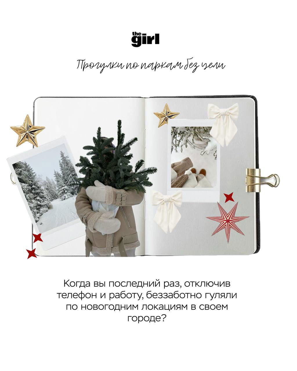 Прогулки по паркам: коллаж с заснеженными тропинками, человеком с небольшой ёлкой и уютными зимними кадрами для поднятия настроения