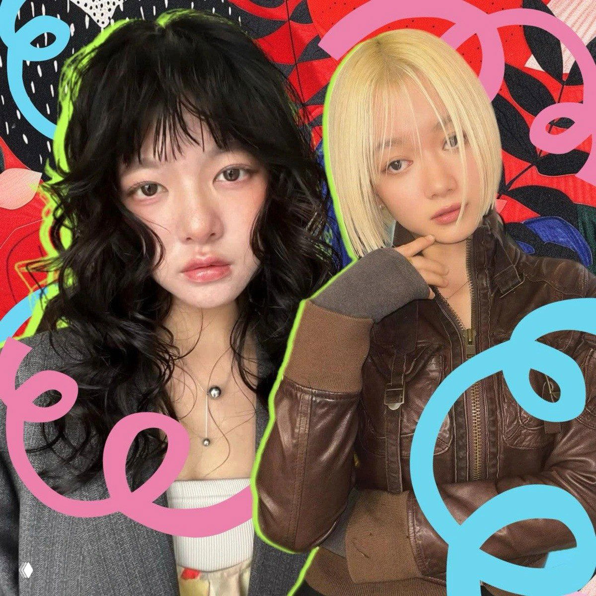 Коллаж с двумя молодыми женщинами и разными причёсками на ярком абстрактном фоне: тёмные волнистые волосы слева и короткая светлая стрижка справа, иллюстрация темы ухода за волосами.