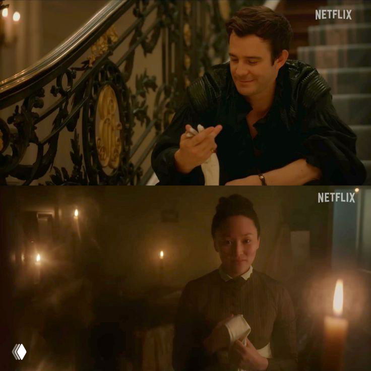 Два кадра с наложением логотипа Netflix: мужчина и женщина в свечном свете на фоне декоративных интерьеров — атмосферные сцены сериала.