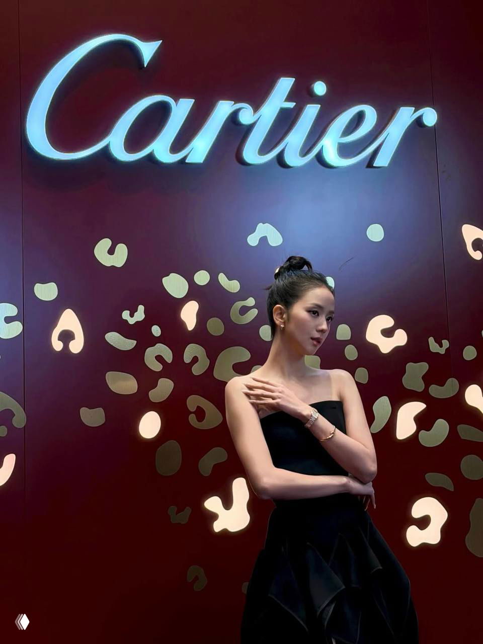 Портрет Джису на фоне декоративного узора с логотипом Cartier, платье без бретелей и поднятая рука подчёркивают линию шеи и украшения.